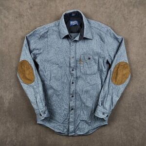 Pendleton Trail Shirt Mens Small Fitted Blue Heather Wool Suede Elbow Patch